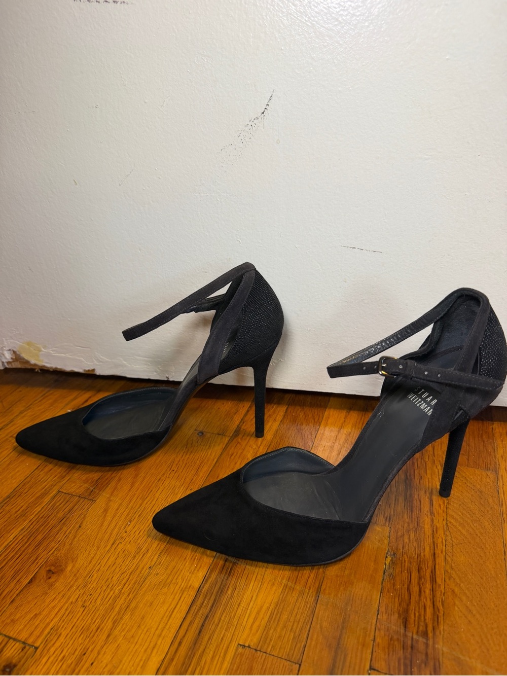 Stuart Weitzman Black Suede Pointed Ankle-Strap Pumps - Picture 7 of 9